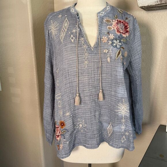 Johnny Was Womens Embroidered Umoya Effortless Scarf Back Blouse Blue Large - Picture 4 of 16